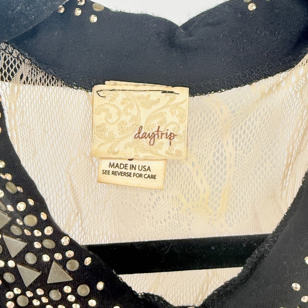Festival Studded Lace Sheer Top. Sleeveless Beige Black Small Y2K Fairy Grunge - Picture 2 of 11
